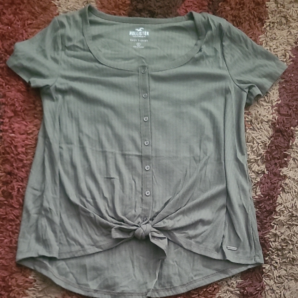 Hollister Women's Button-Down Tie-Front Shirt - Gray